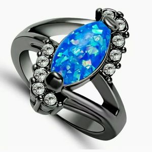 New Marquise Cut Blue Fire Opal Black Gold Ring.
